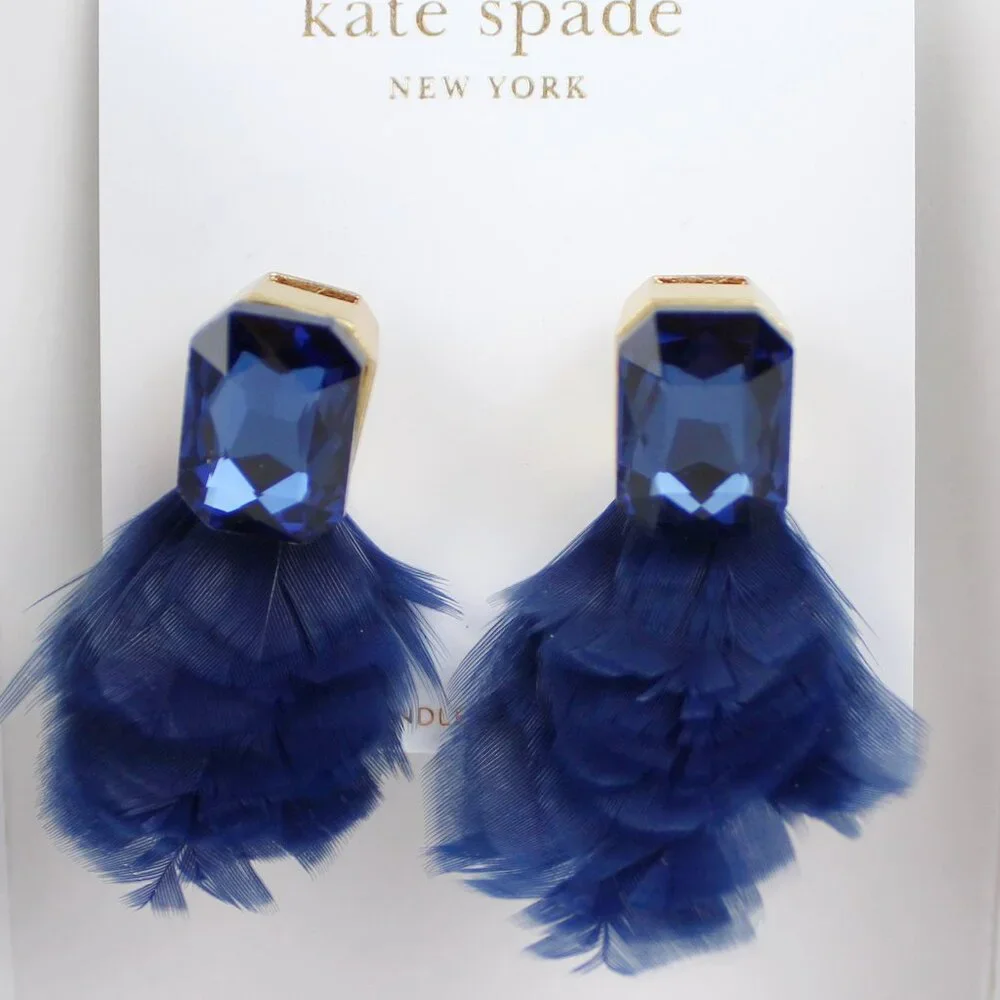 NWT kate Spade New York Feather Drop Earrings, Navy